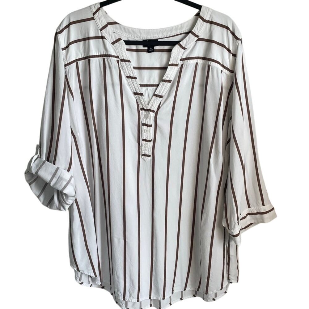 Torrid Harper Popover Top Sz 4X White Brown Stripes 3/4 Sleeves V-Neck Casual
